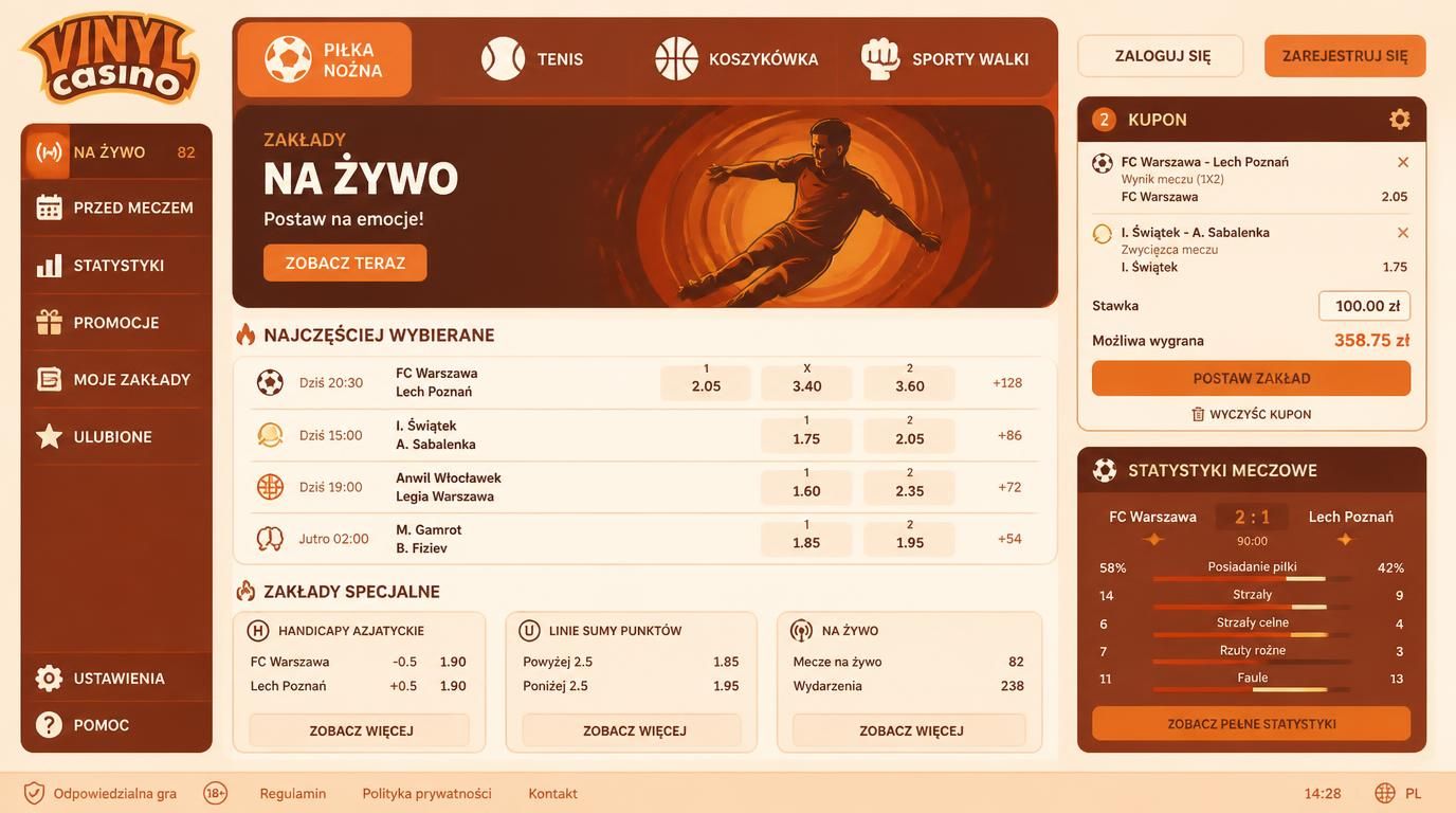 Interfejs pokazujący wybór rynków sportowych i różnych typów zakładów