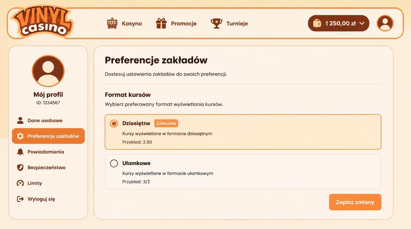Ustawienia kursów z opcją Format kursów – dziesiętne