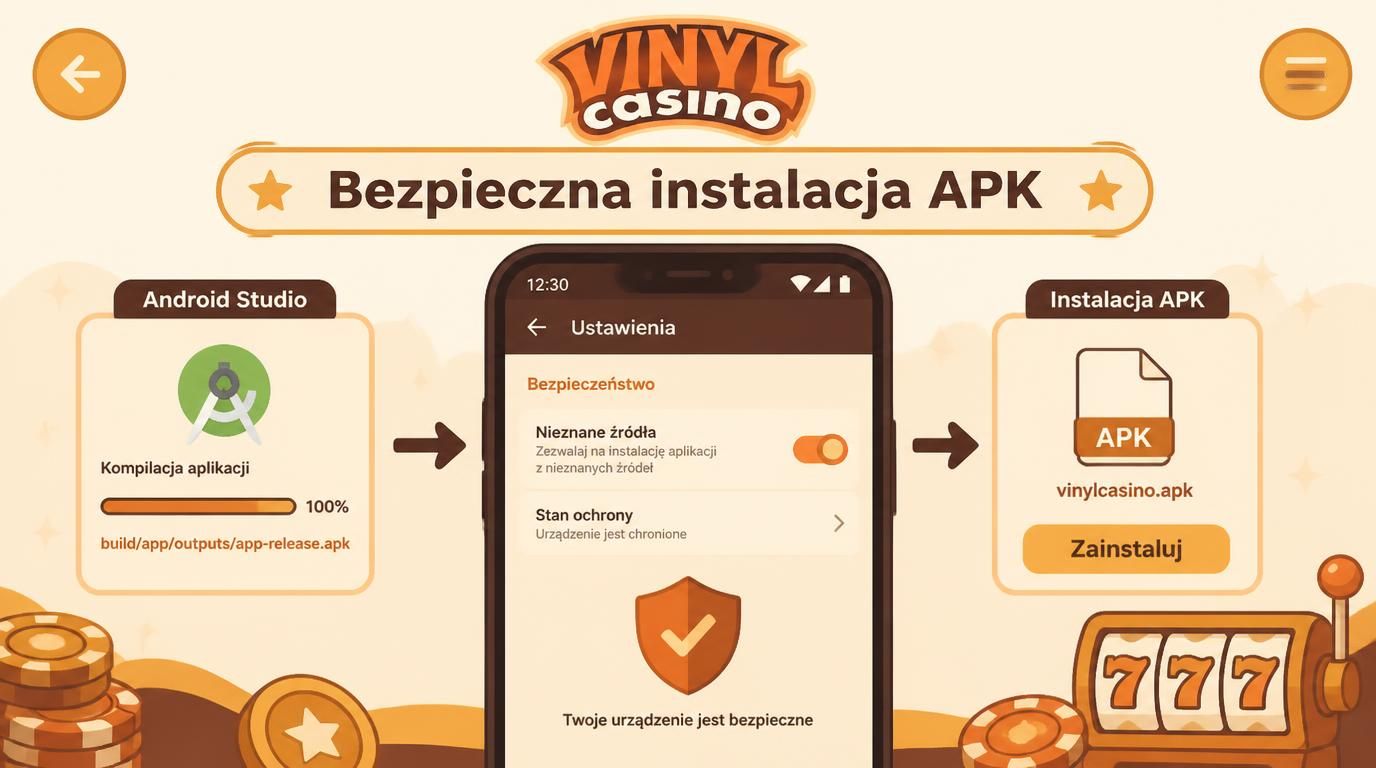 Interfejs aplikacji Vinyl Casino Android z elementami bezpieczeństwa