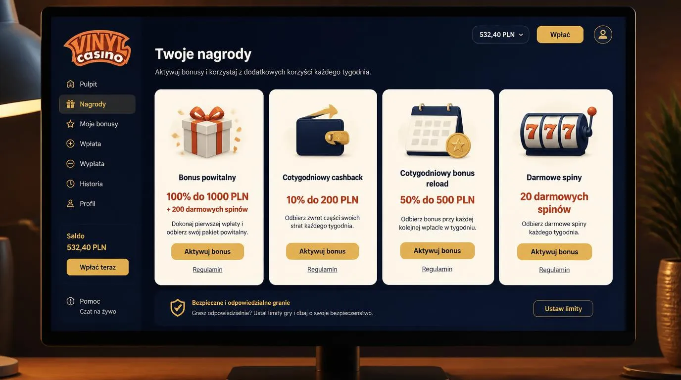 Panel nagród kasynowych z kartami bonusu powitalnego, cashbacku i cotygodniowych darmowych spinów