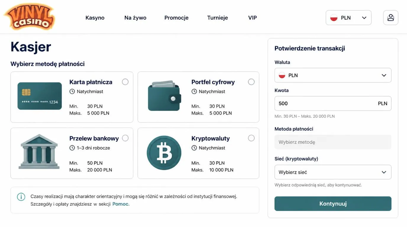 Panel kasjera z kartą płatniczą, portfelem elektronicznym, przelewem i kryptowalutami oraz limitami w PLN