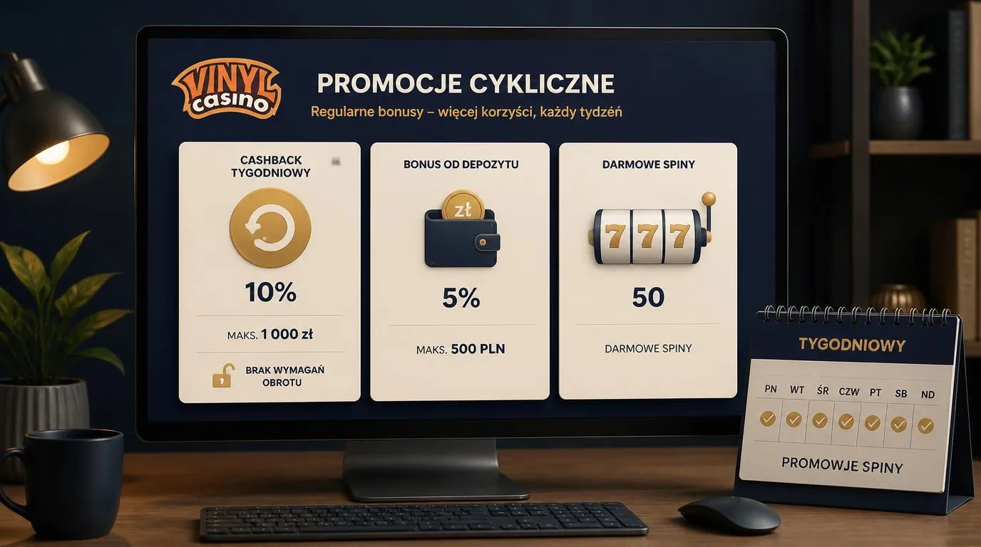 Panel promocji kasyna z cashbackiem 10%, bonusem od wpłaty 5% i pakietem 50 darmowych spinów